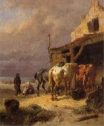Wouterus Verschuur Draught horses resting at the beach oil
